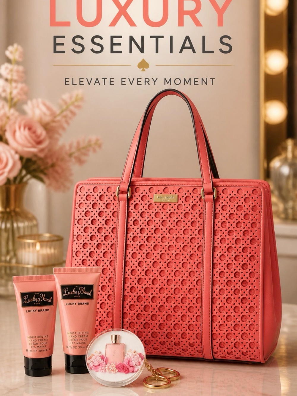 kate spade Coral Perforated Structured Tote EUC with accessories